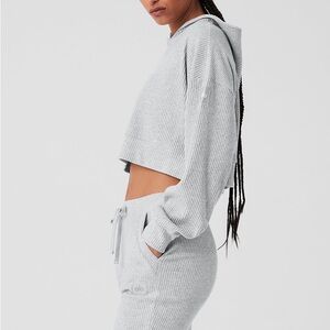 Alo Muse Rib Knit Hooded Sweatshirt - Grey/Size M